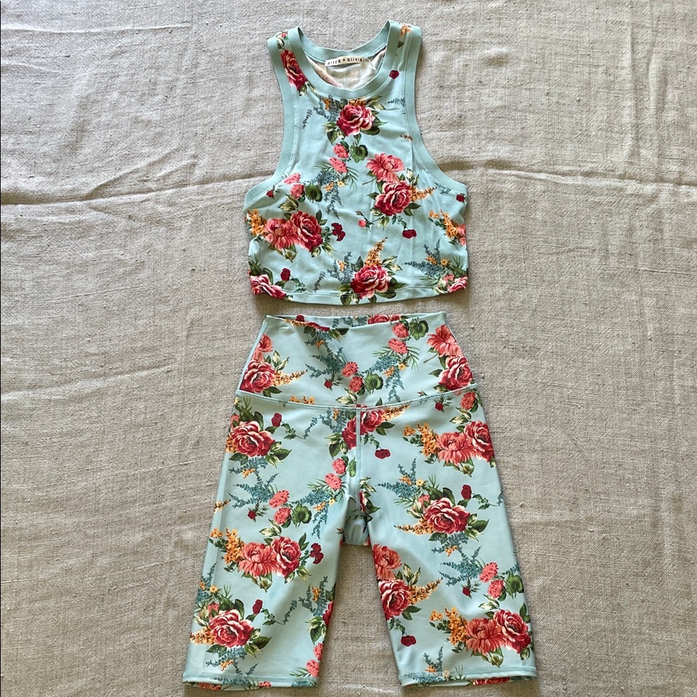 Floral Crop Tank & High-Waist Biker Shorts Set - Mint with Pink Roses